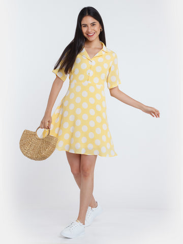 Yellow Polka Shirt Dress For Women
