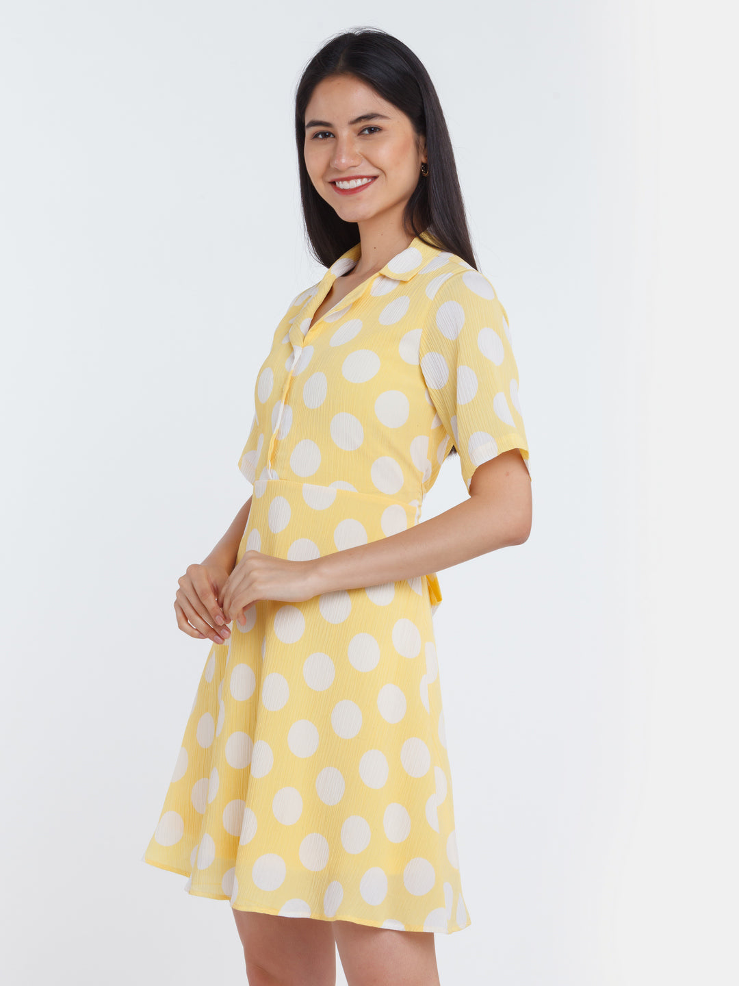 Yellow Polka Shirt Dress For Women