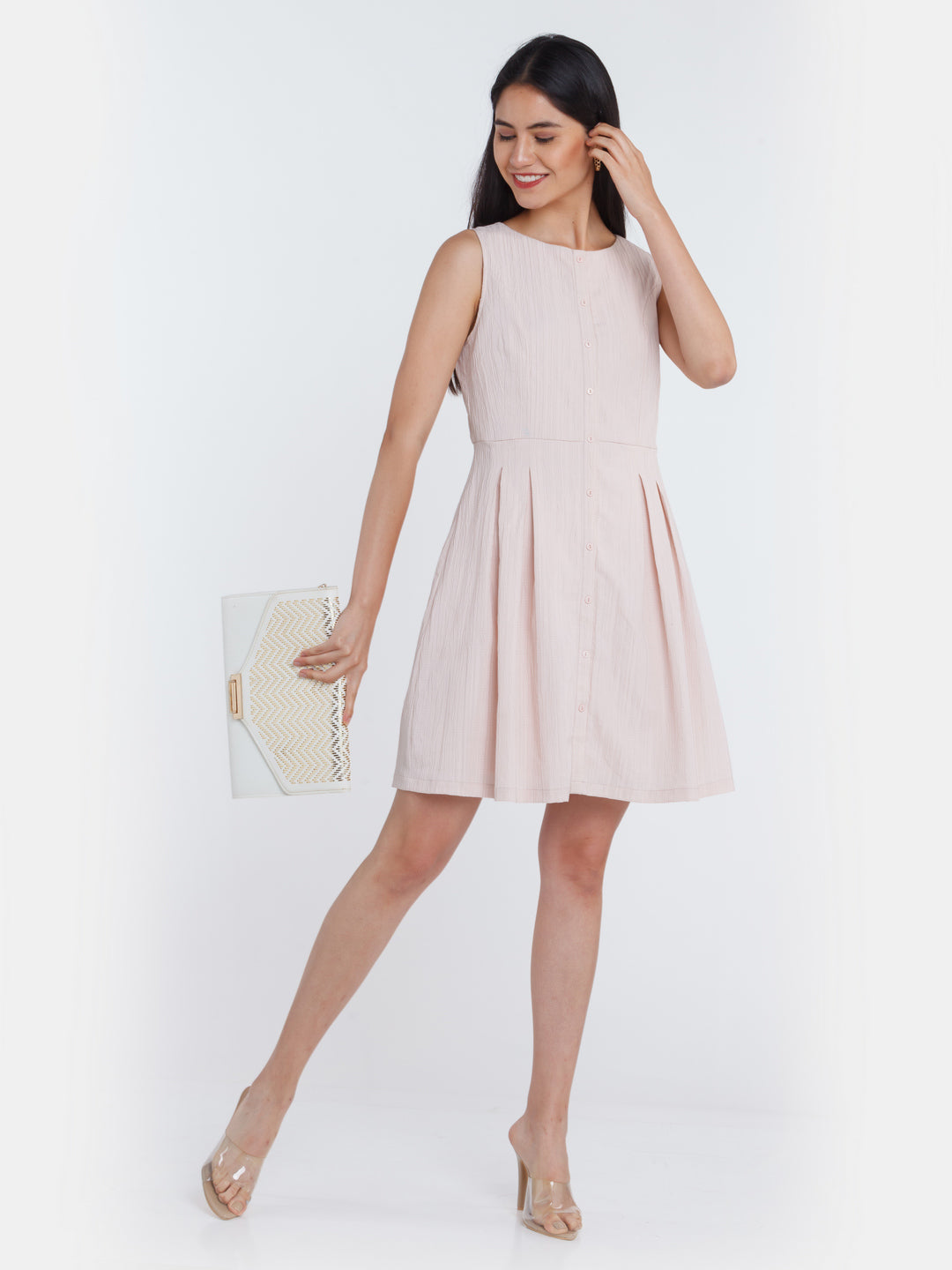 Pink Solid Pleated Short Dress