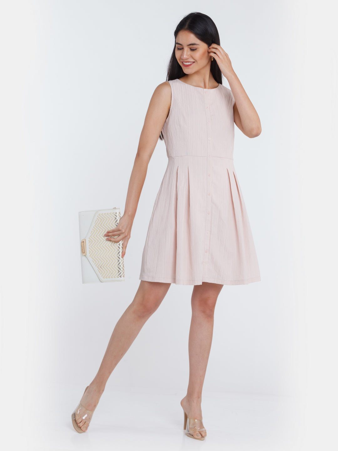 Pink Solid Pleated Short Dress For Women
