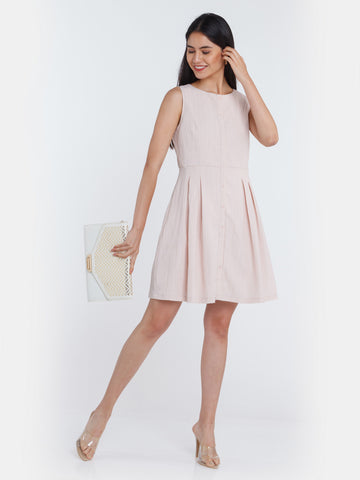 Pink Solid Pleated Short Dress For Women