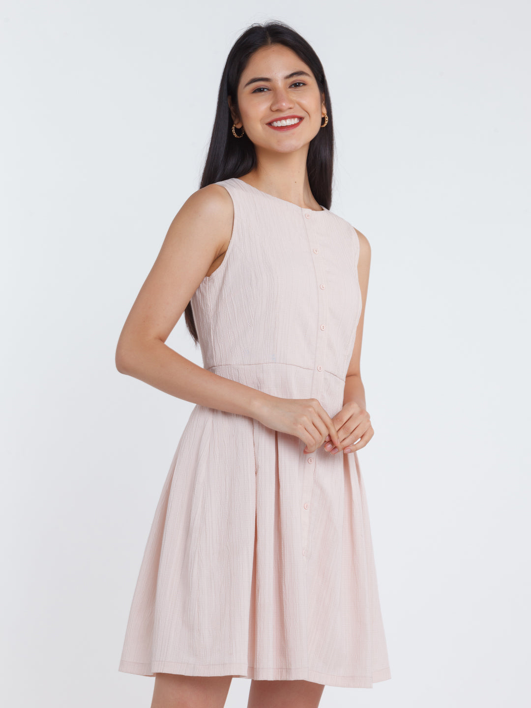 Pink Solid Pleated Short Dress