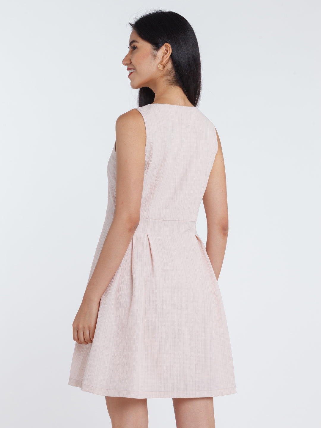 Pink Solid Pleated Short Dress