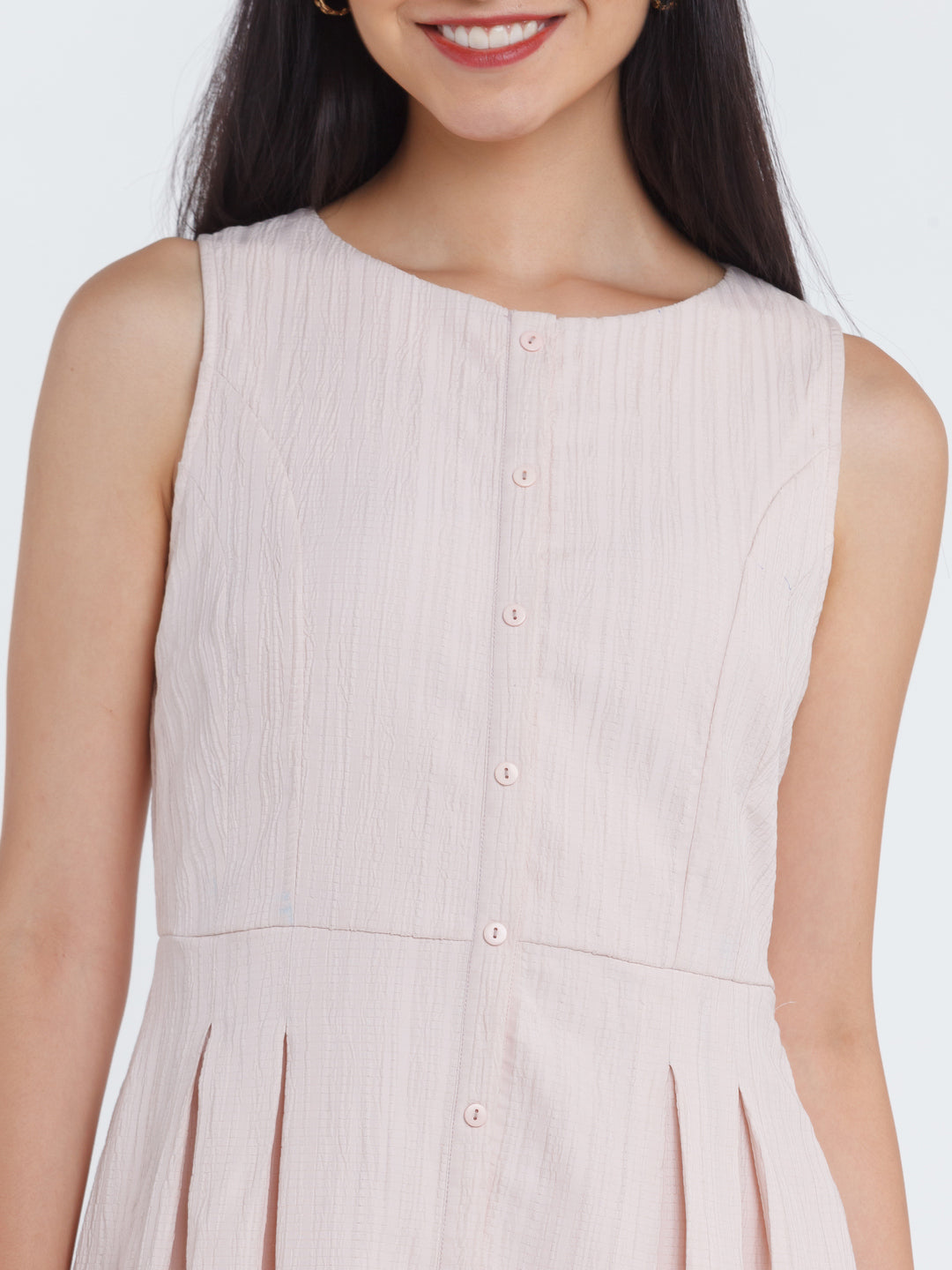 Pink Solid Pleated Short Dress