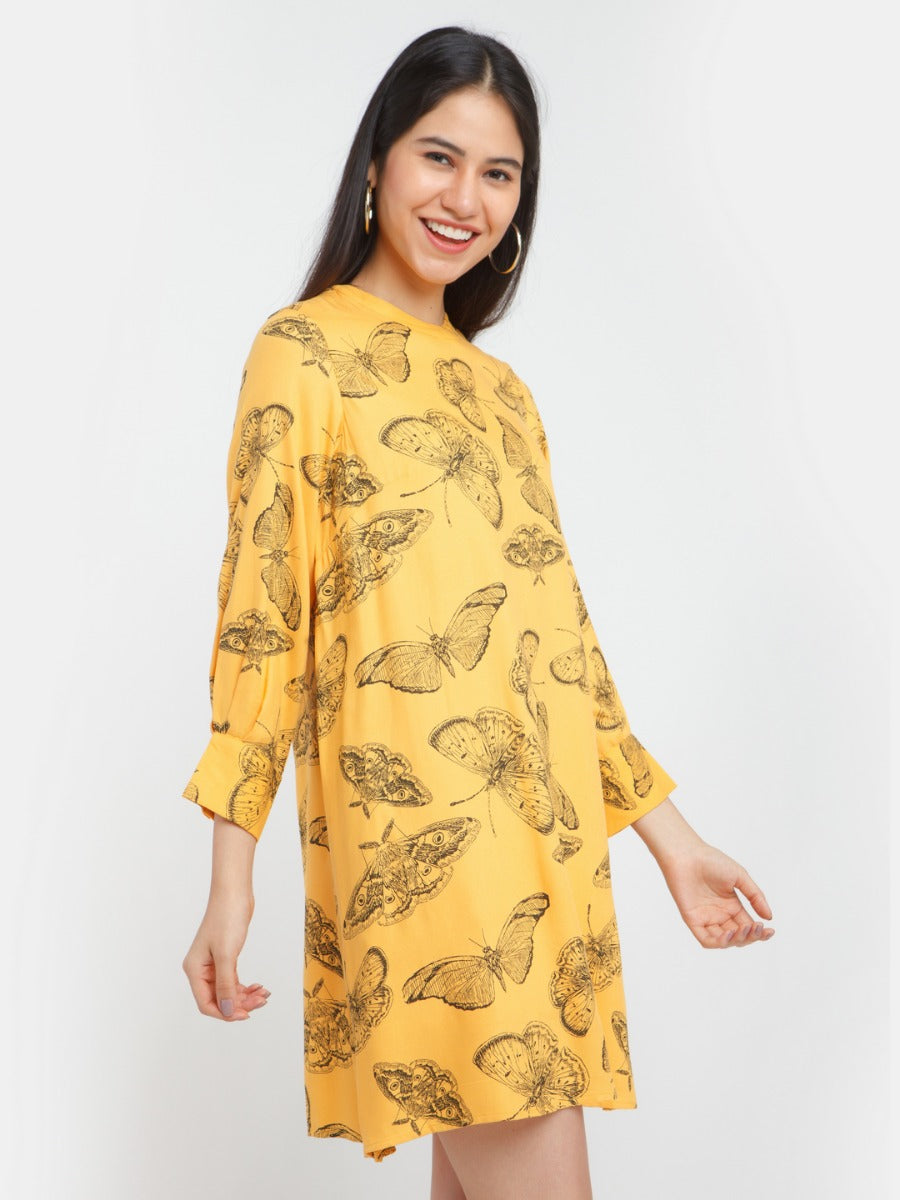 Yellow Printed Short Dress For Women