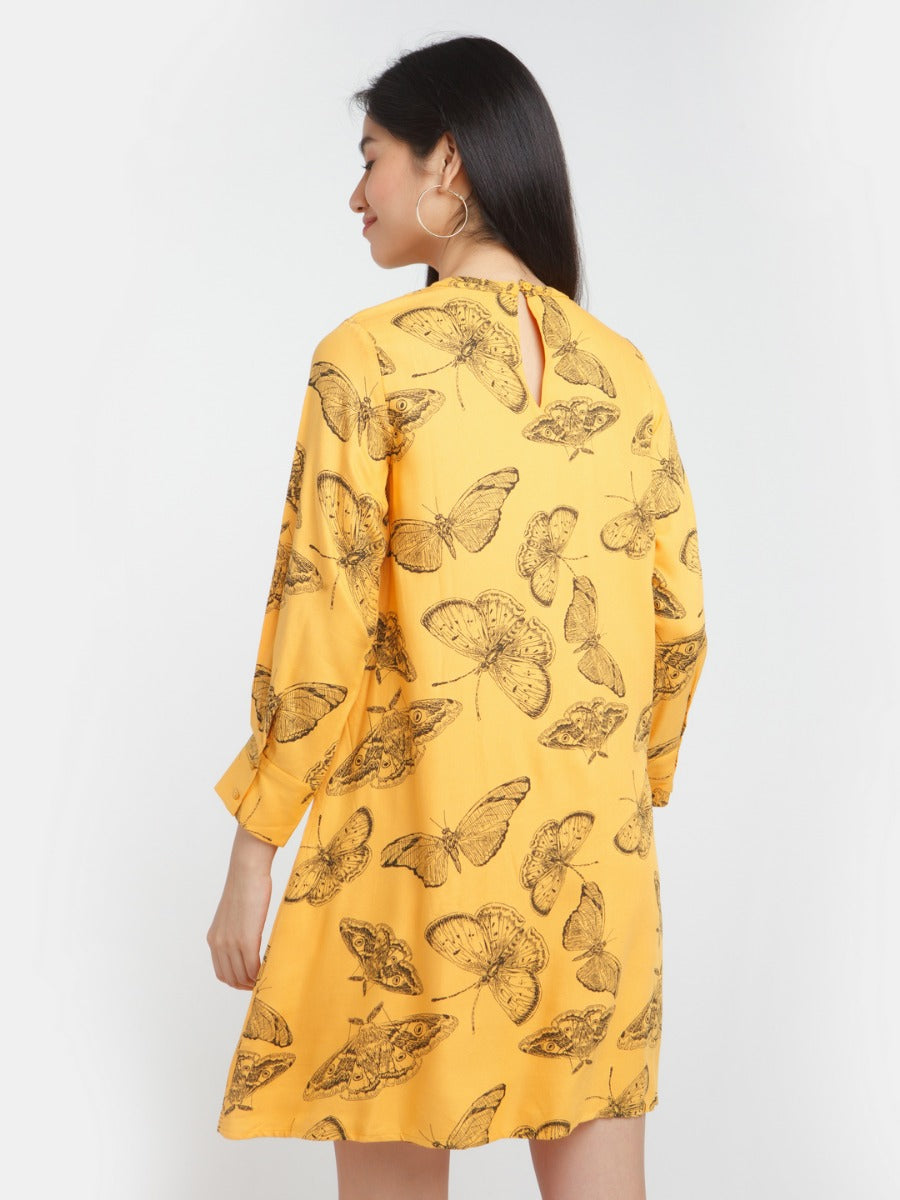 Yellow Printed Short Dress For Women