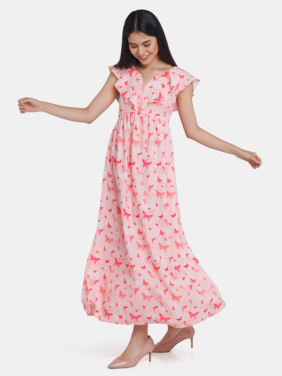 Pink Printed Ruffled Maxi Dress