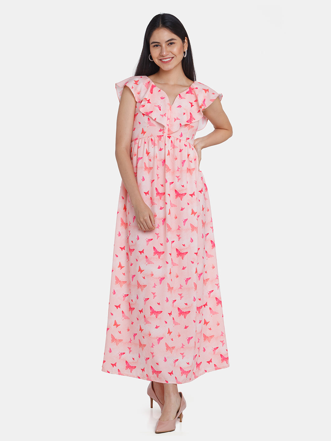 Pink Printed Ruffled Maxi Dress