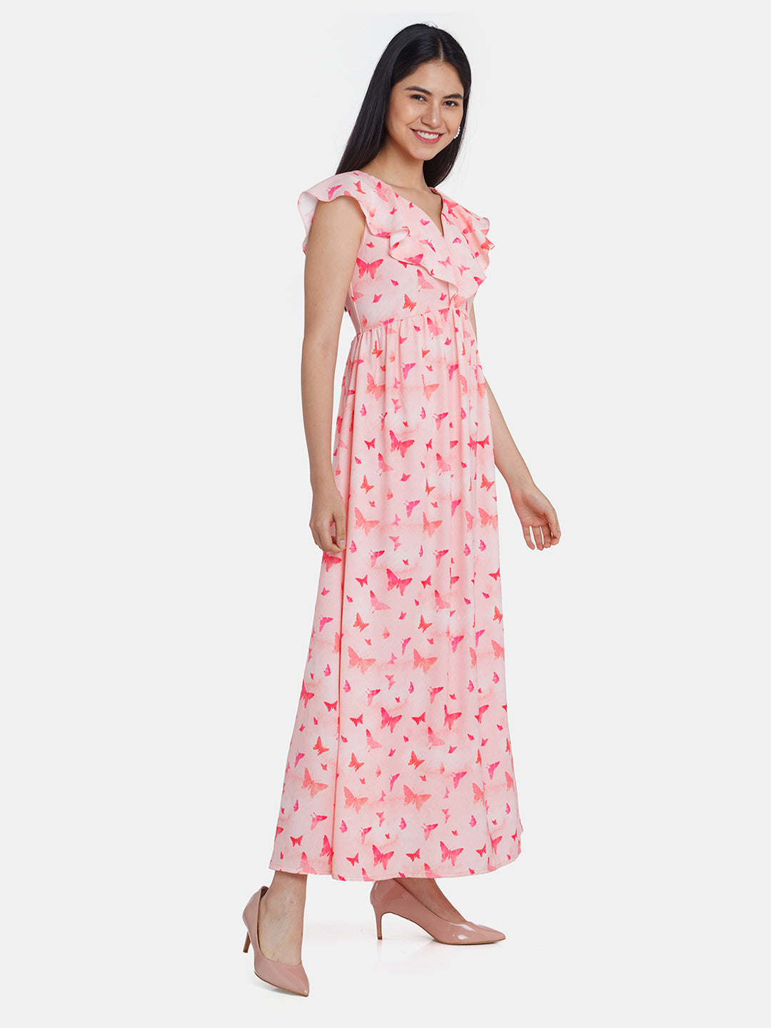 Pink Printed Ruffled Maxi Dress