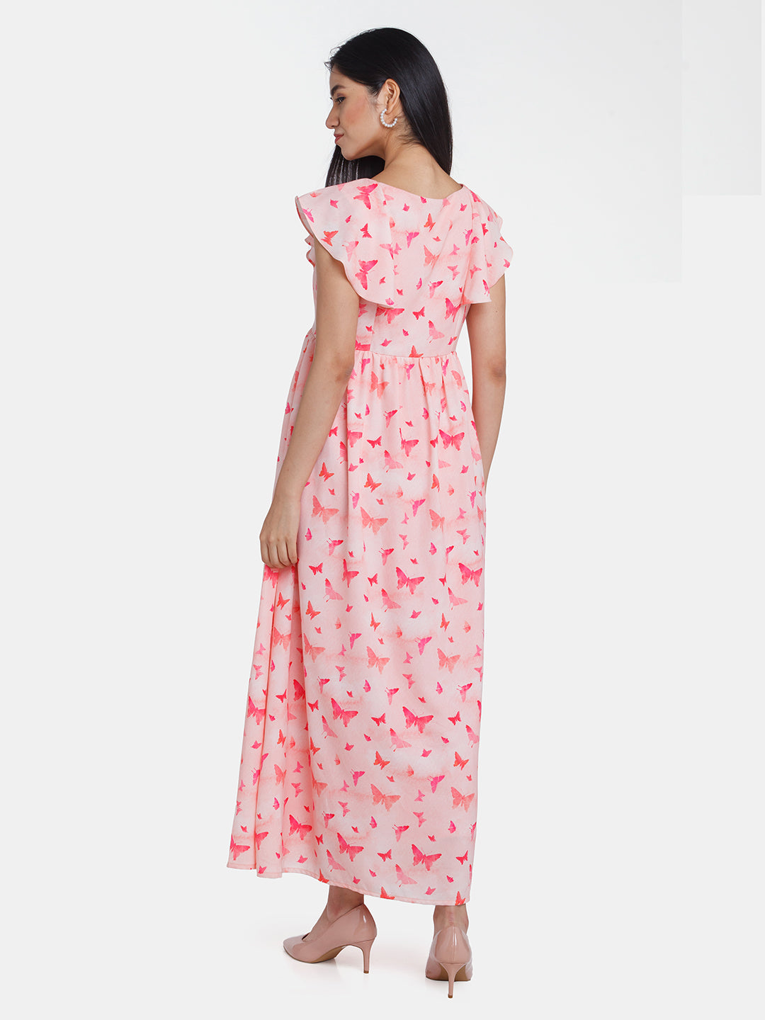 Pink Printed Ruffled Maxi Dress For Women