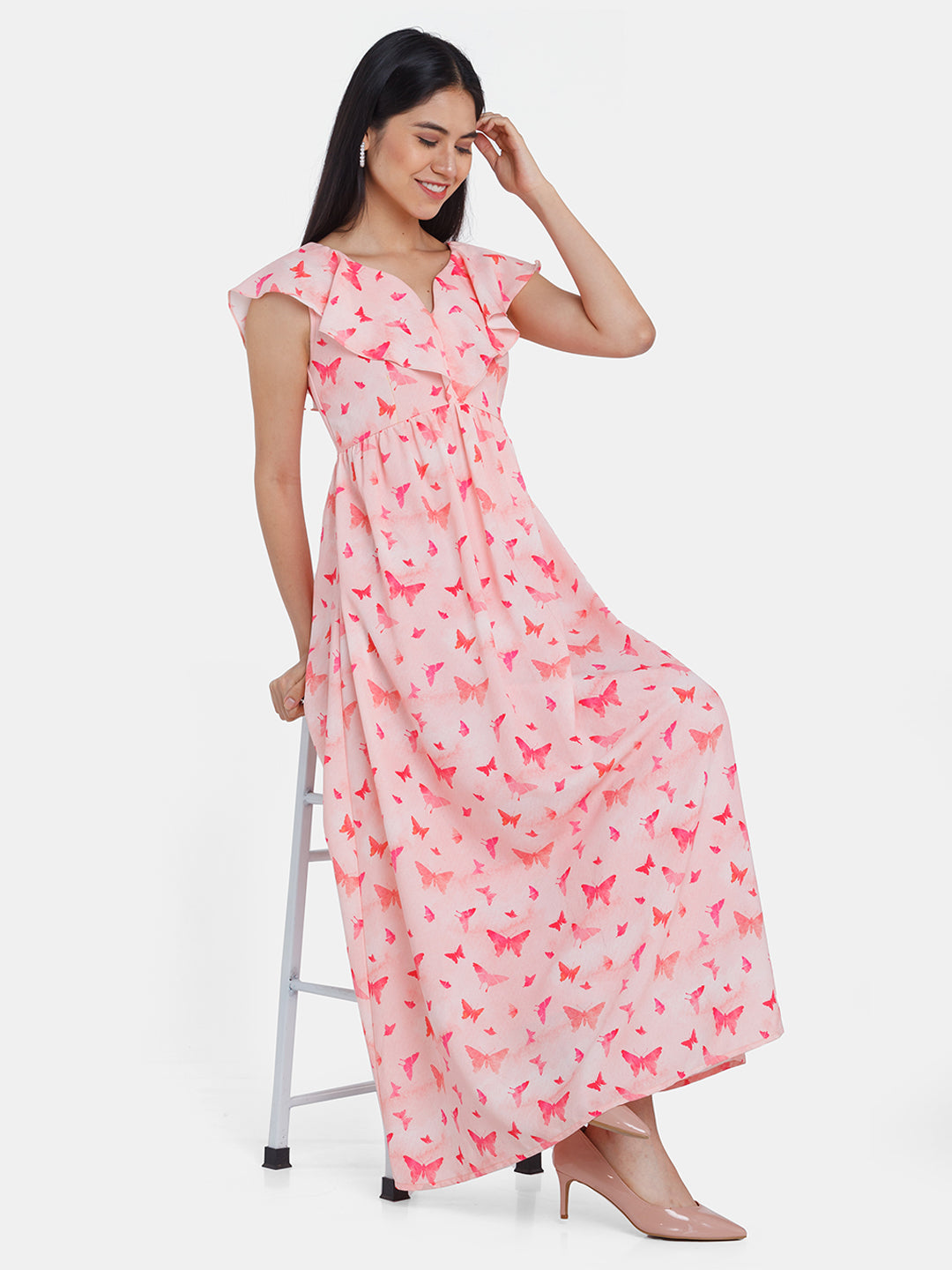 Pink Printed Ruffled Maxi Dress