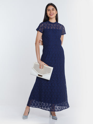 Navy Blue Lace Maxi Dress For Women