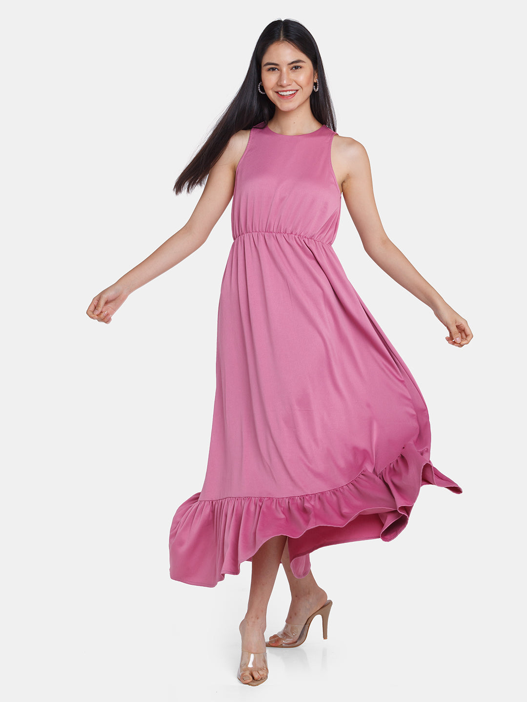 Pink Solid Ruffled Maxi Dress