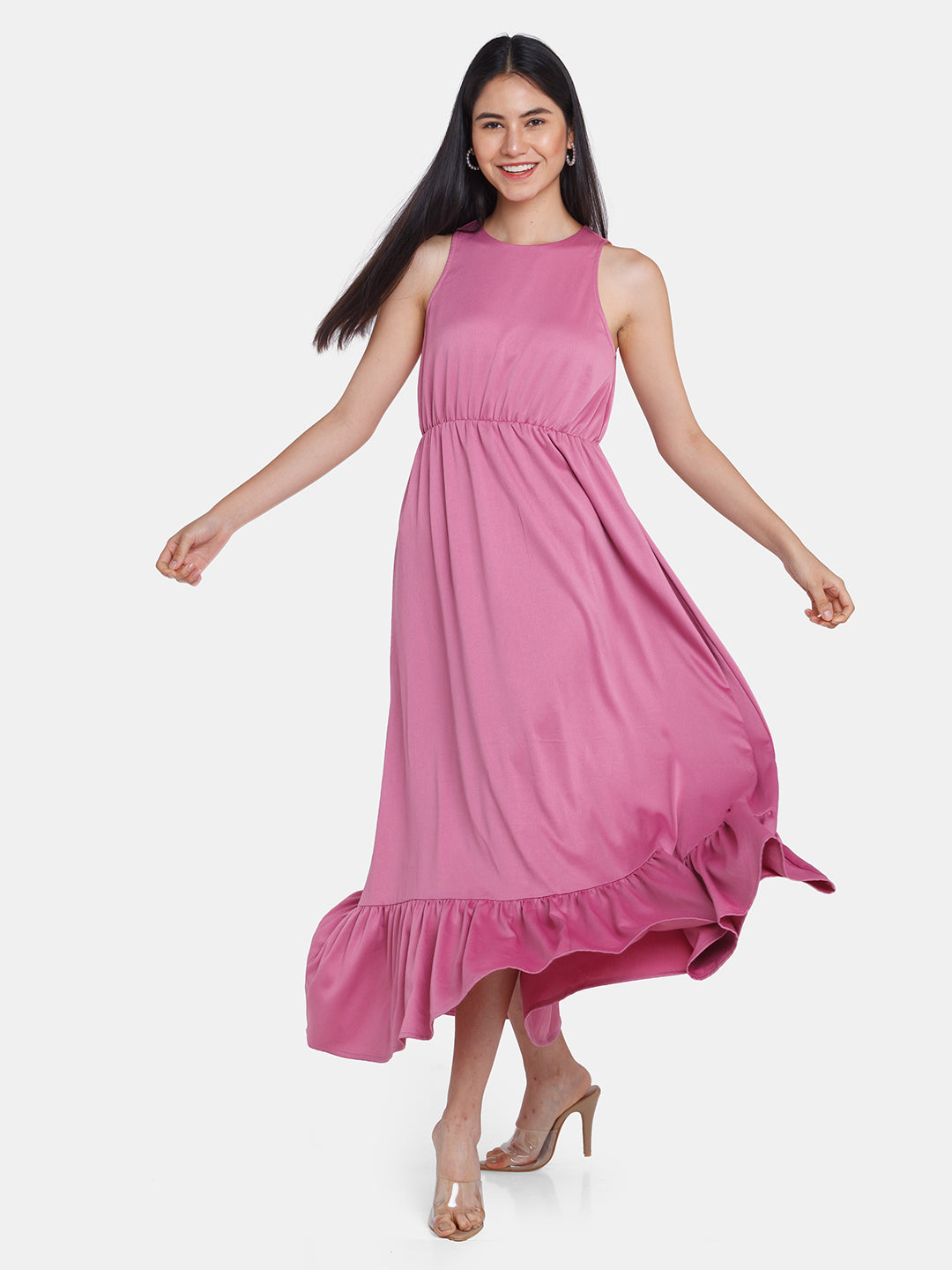 Buy Pink Solid Ruffled Maxi Dress For Women Online - Zink London