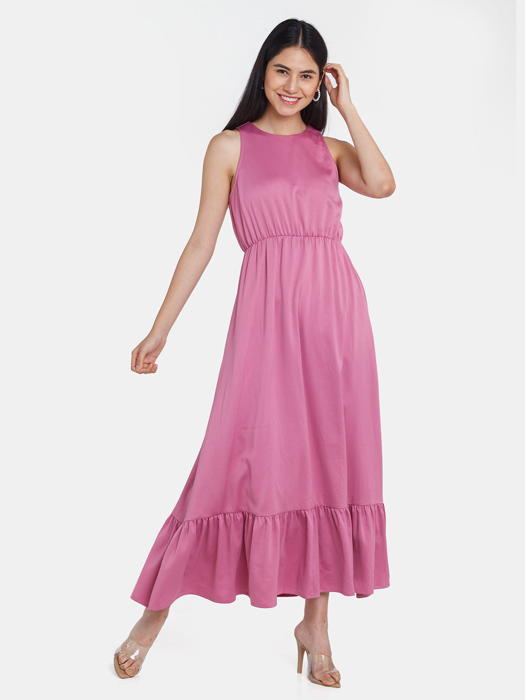 Pink Solid Ruffled Maxi Dress