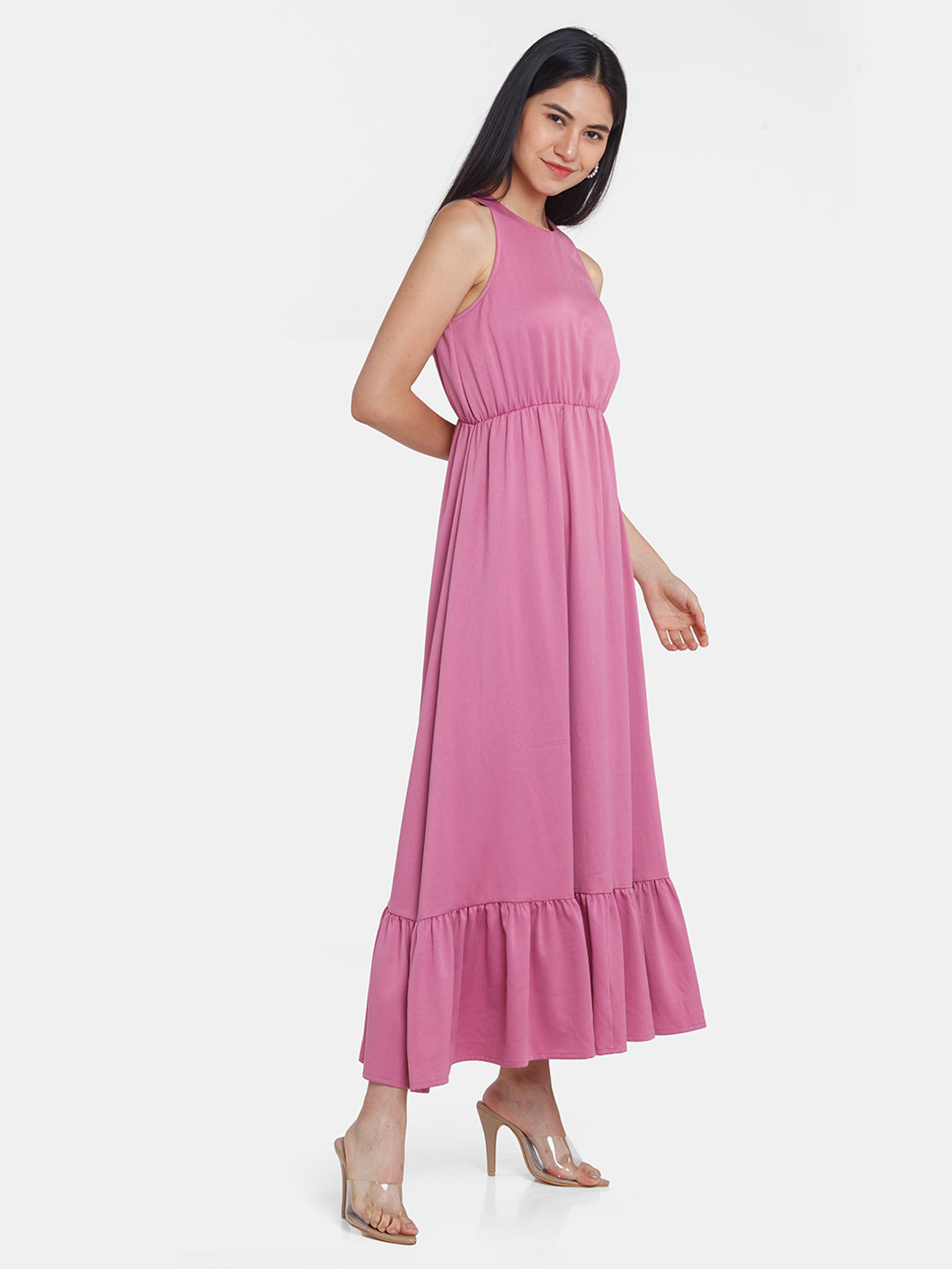 Pink Solid Ruffled Maxi Dress