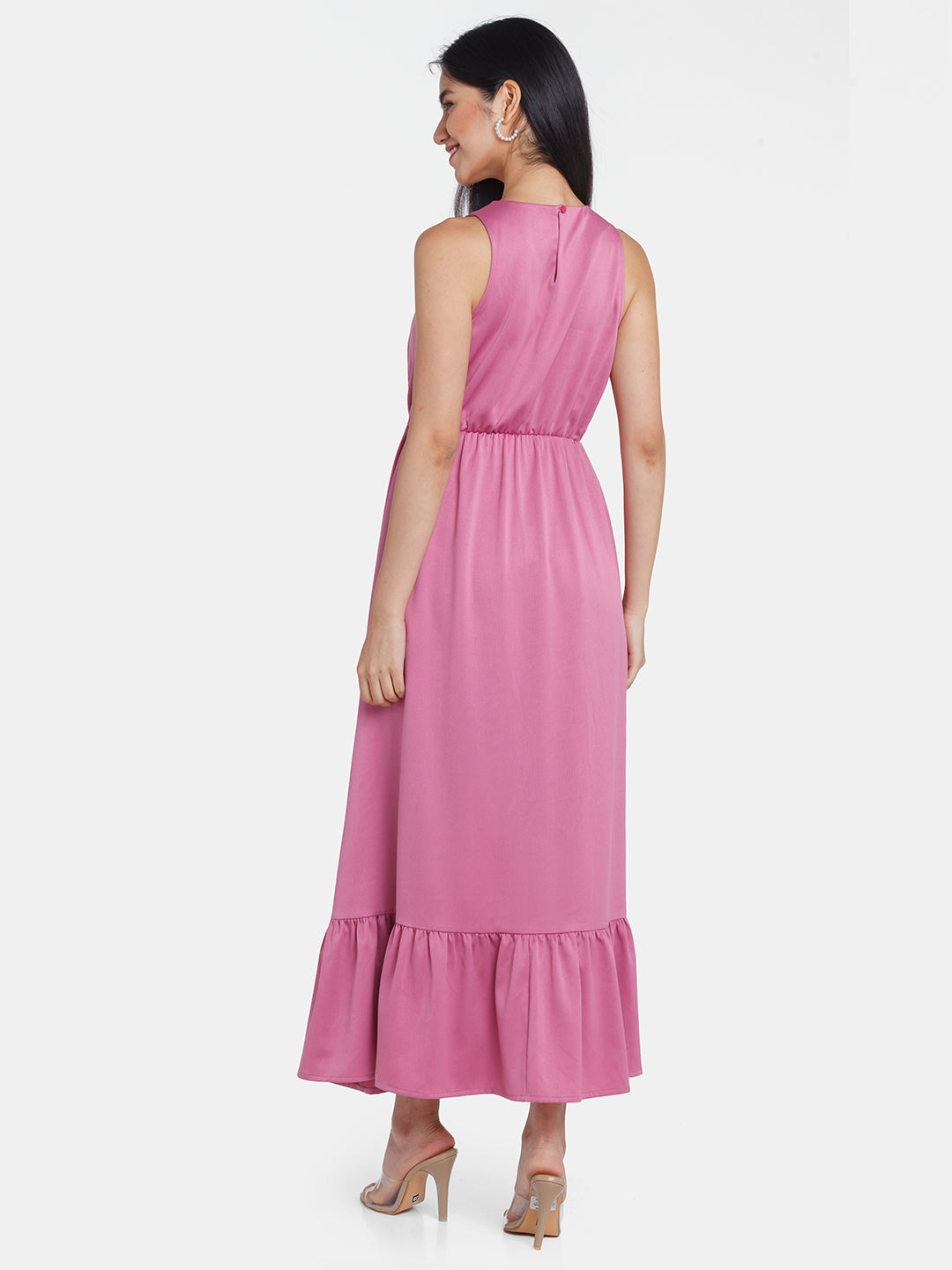 Pink Solid Ruffled Maxi Dress For Women