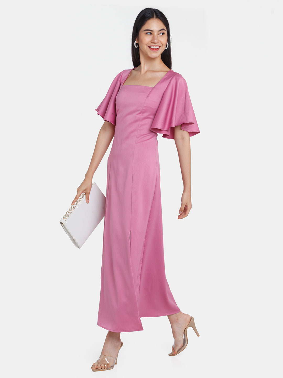 Pink Solid Flared Sleeve Maxi Dress