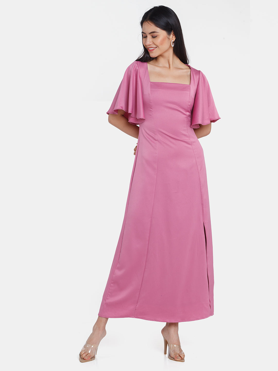 Pink Solid Flared Sleeve Maxi Dress