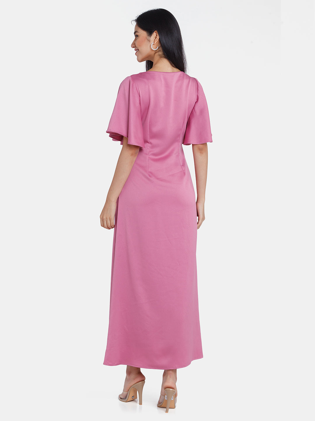 Pink Solid Flared Sleeve Maxi Dress