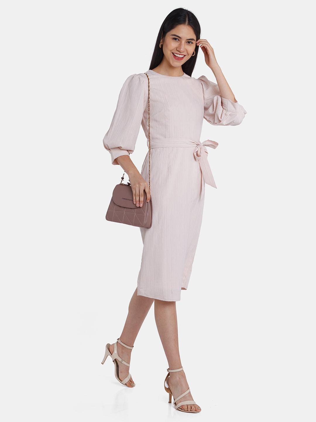 Pink Solid Puff Sleeve Midi Dress