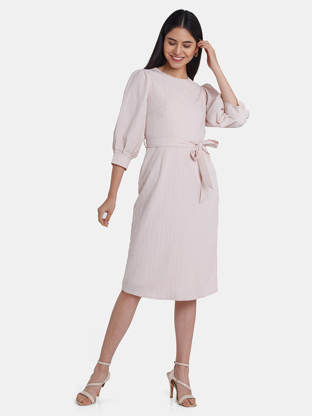 Pink Solid Puff Sleeve Midi Dress