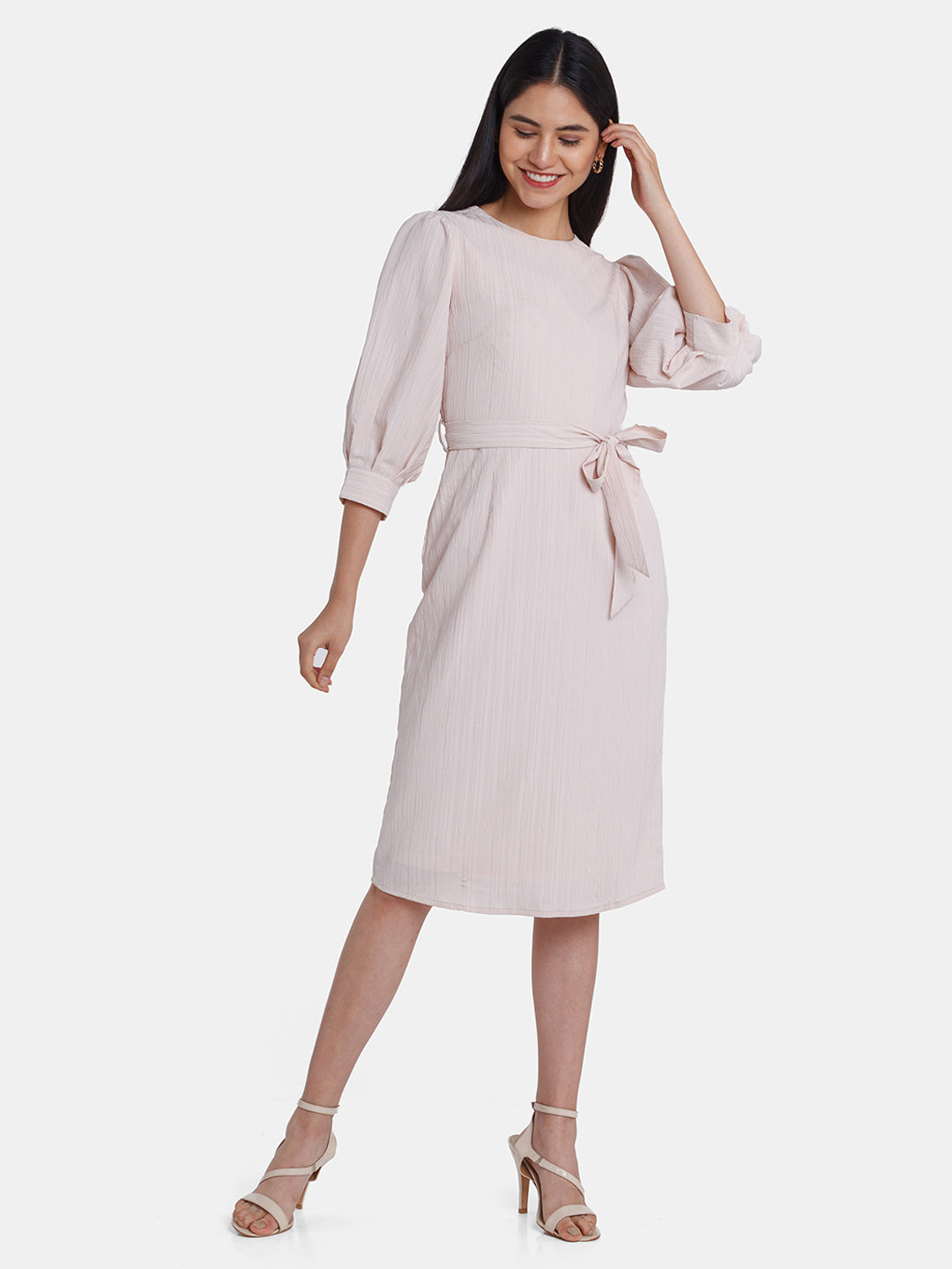 Pink Solid Puff Sleeve Midi Dress For Women
