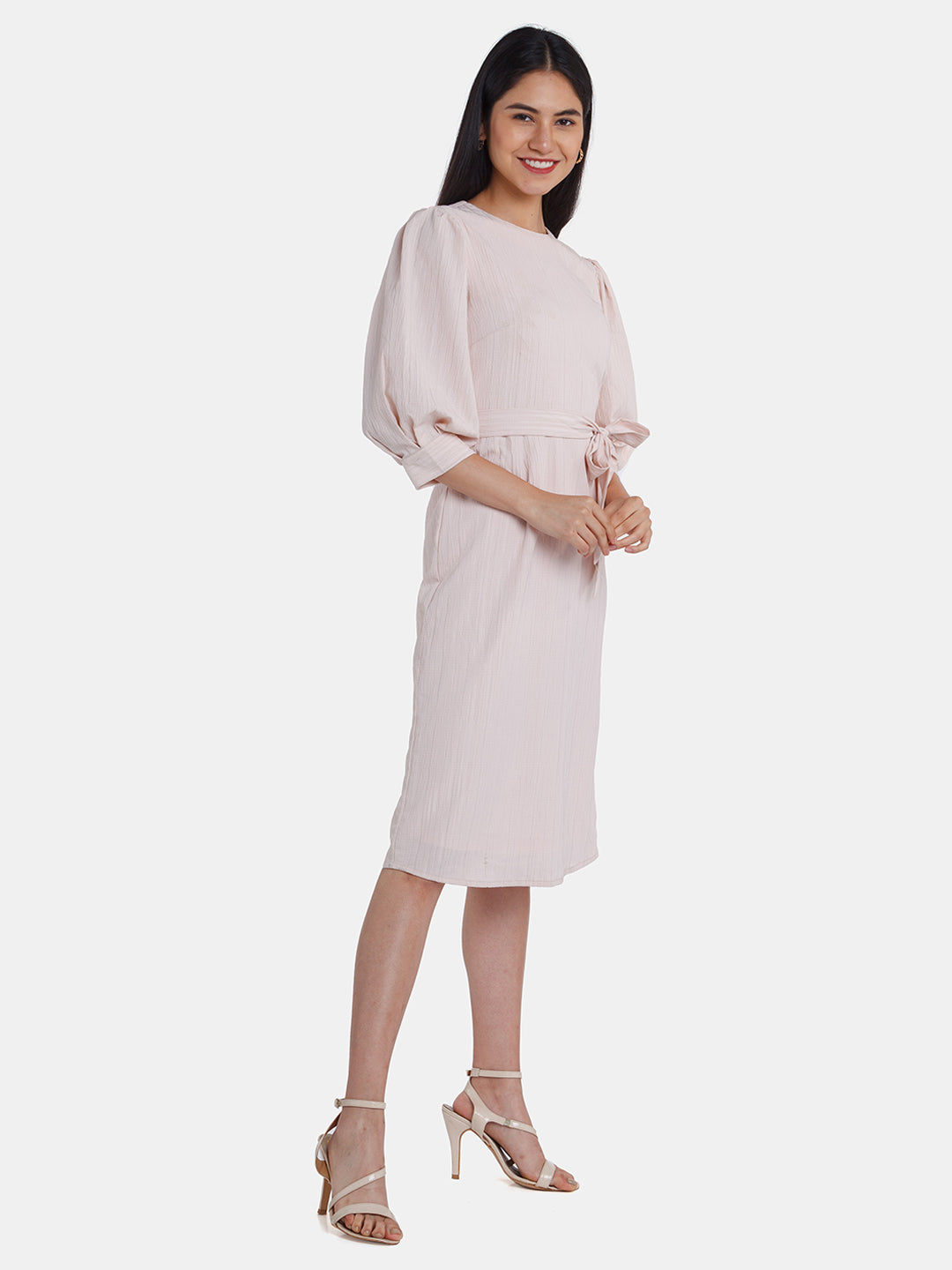 Pink Solid Puff Sleeve Midi Dress