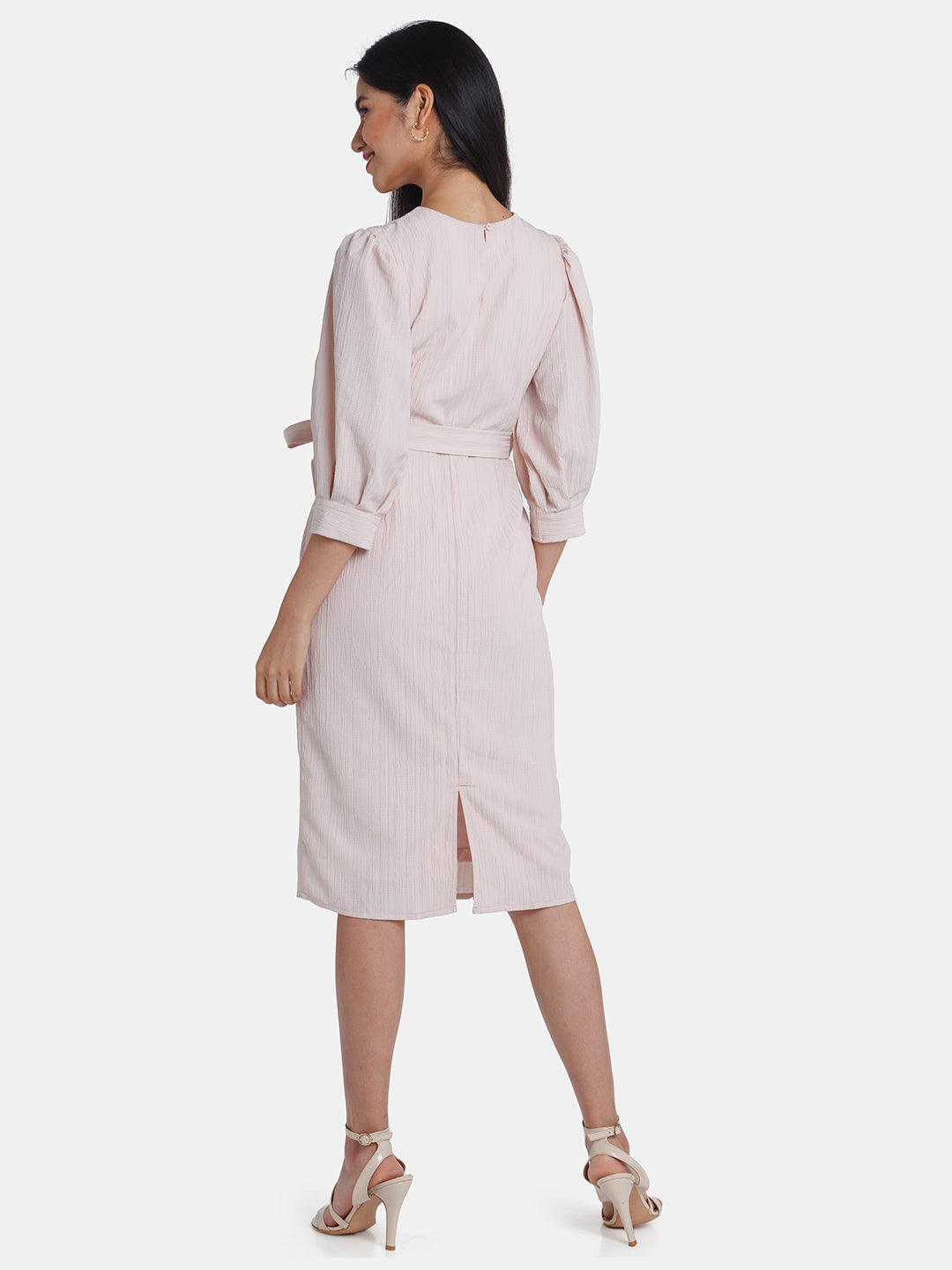 Pink Solid Puff Sleeve Midi Dress