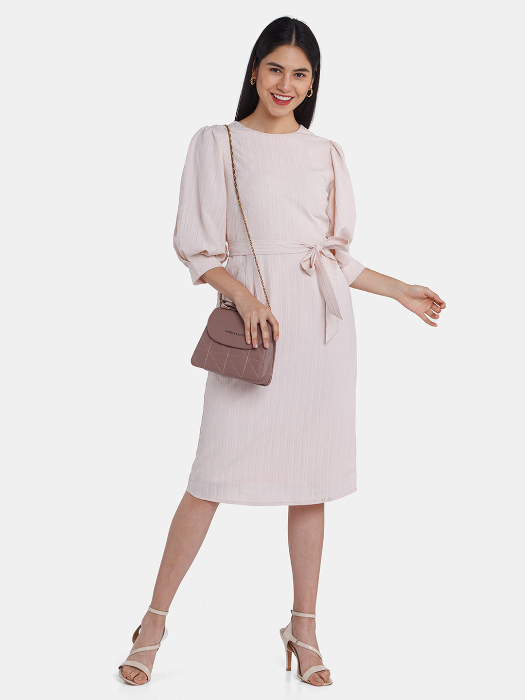 Pink Solid Puff Sleeve Midi Dress