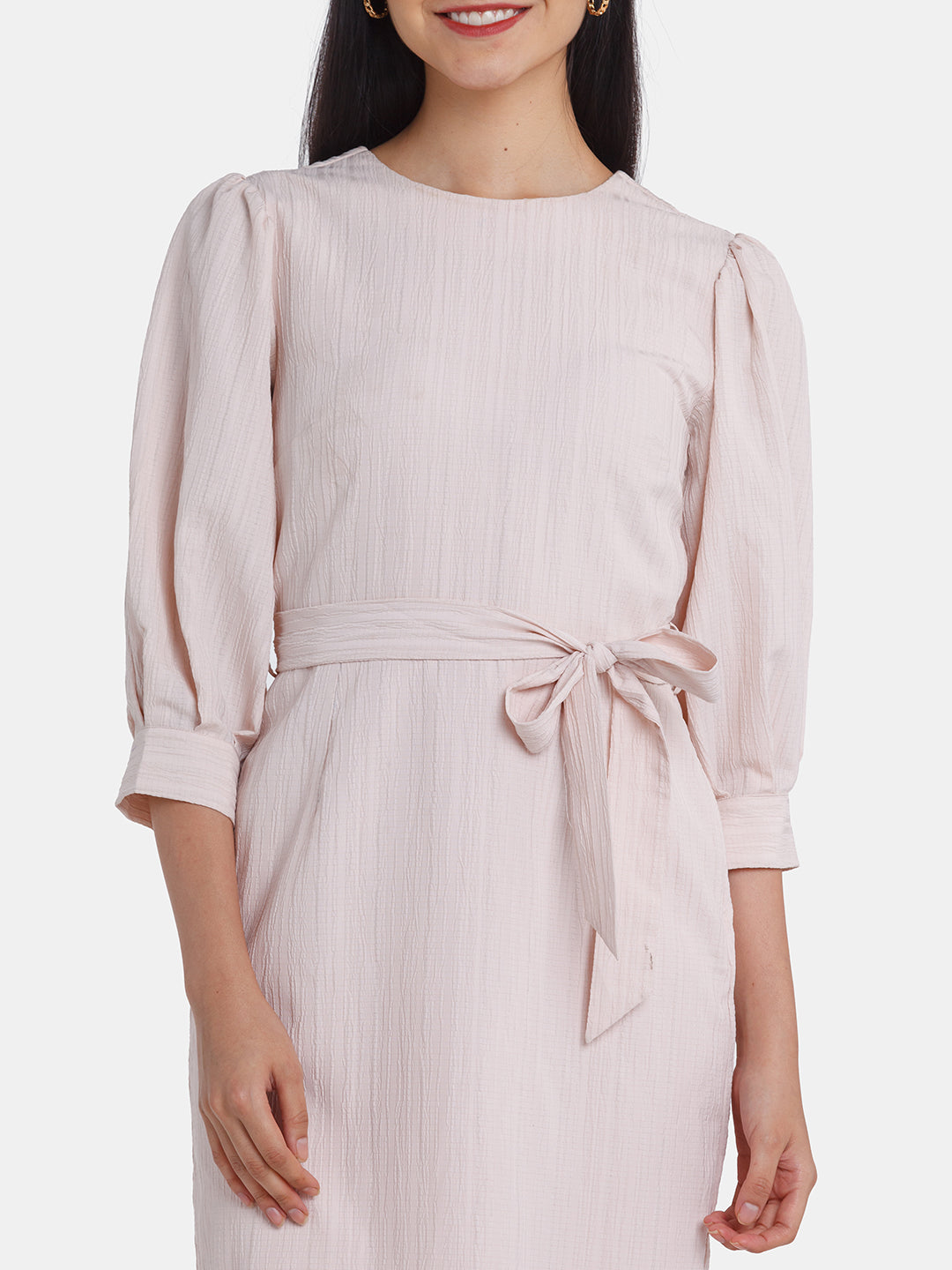 Pink Solid Puff Sleeve Midi Dress