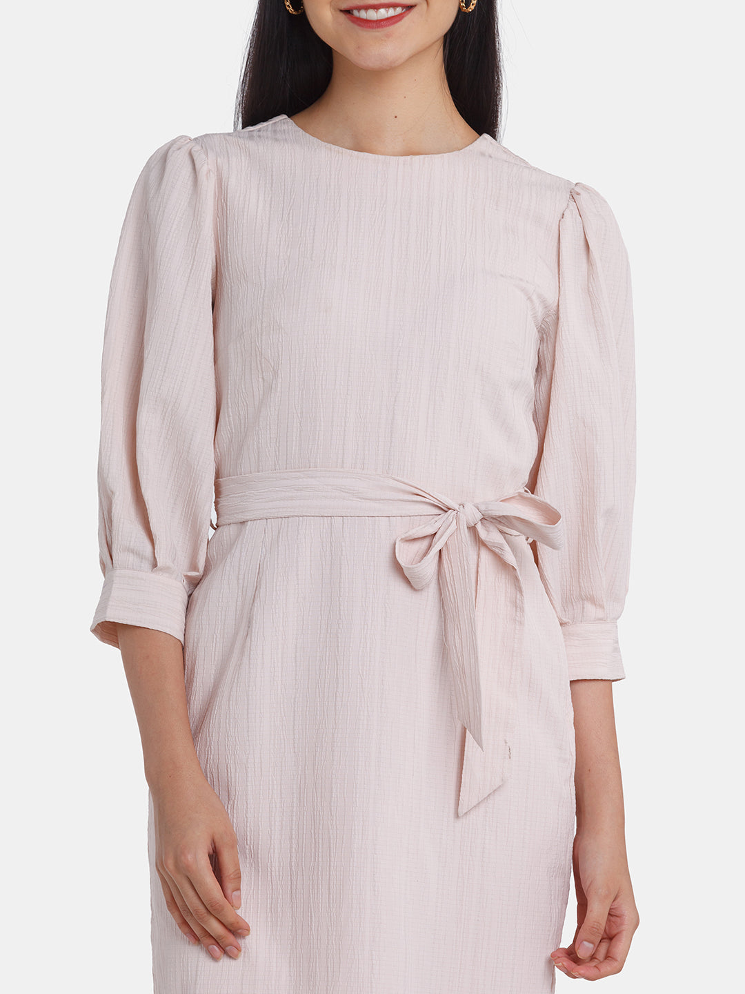 Pink Solid Puff Sleeve Midi Dress For Women