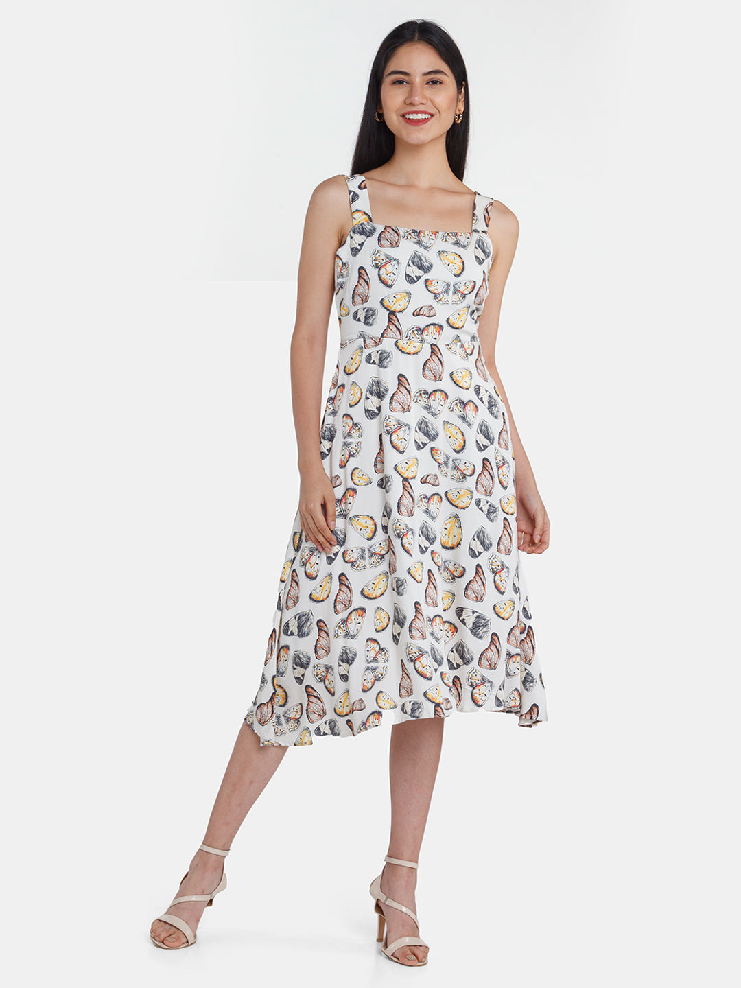 Off White Printed Strappy Midi Dress