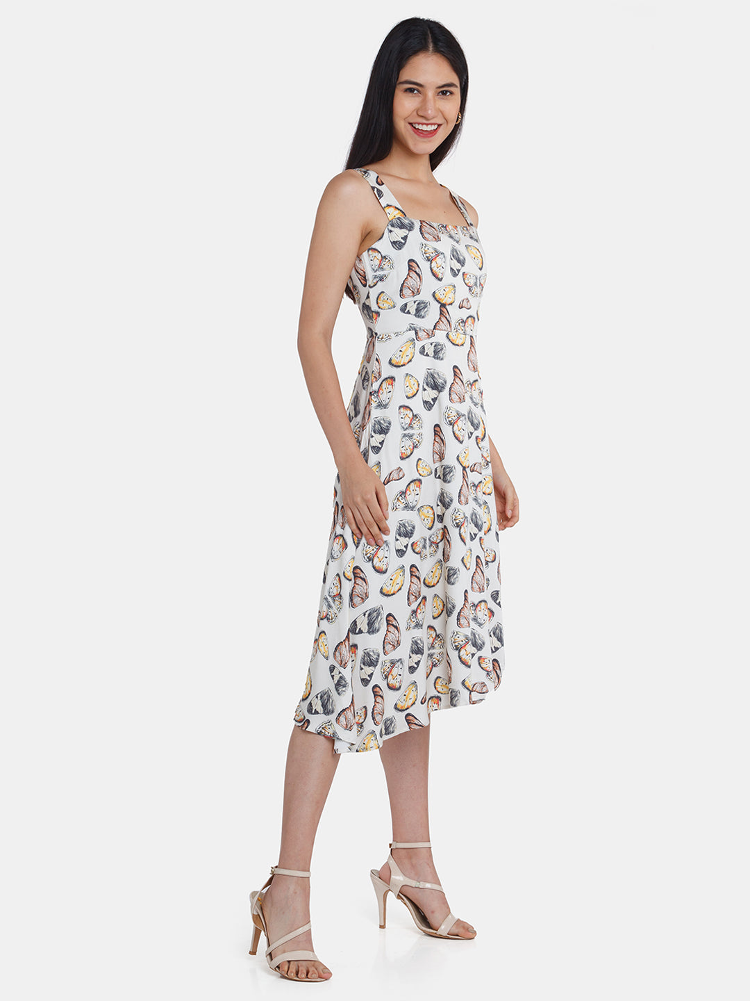 Off White Printed Strappy Midi Dress