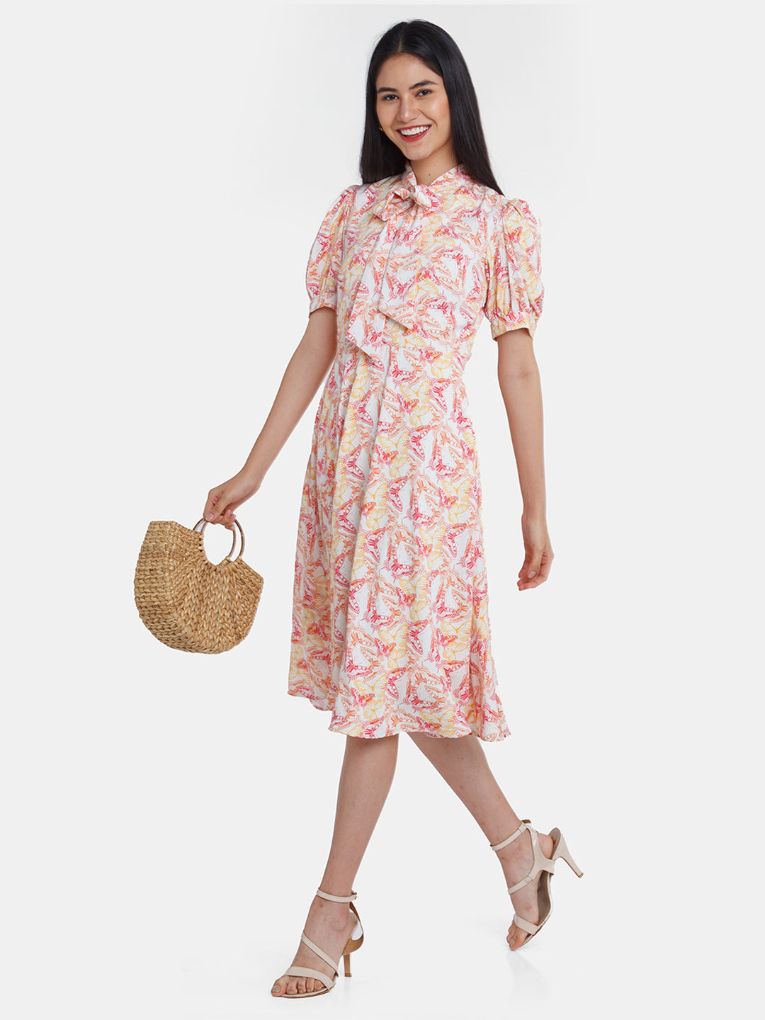 Off White Printed Tie-Up Midi Dress