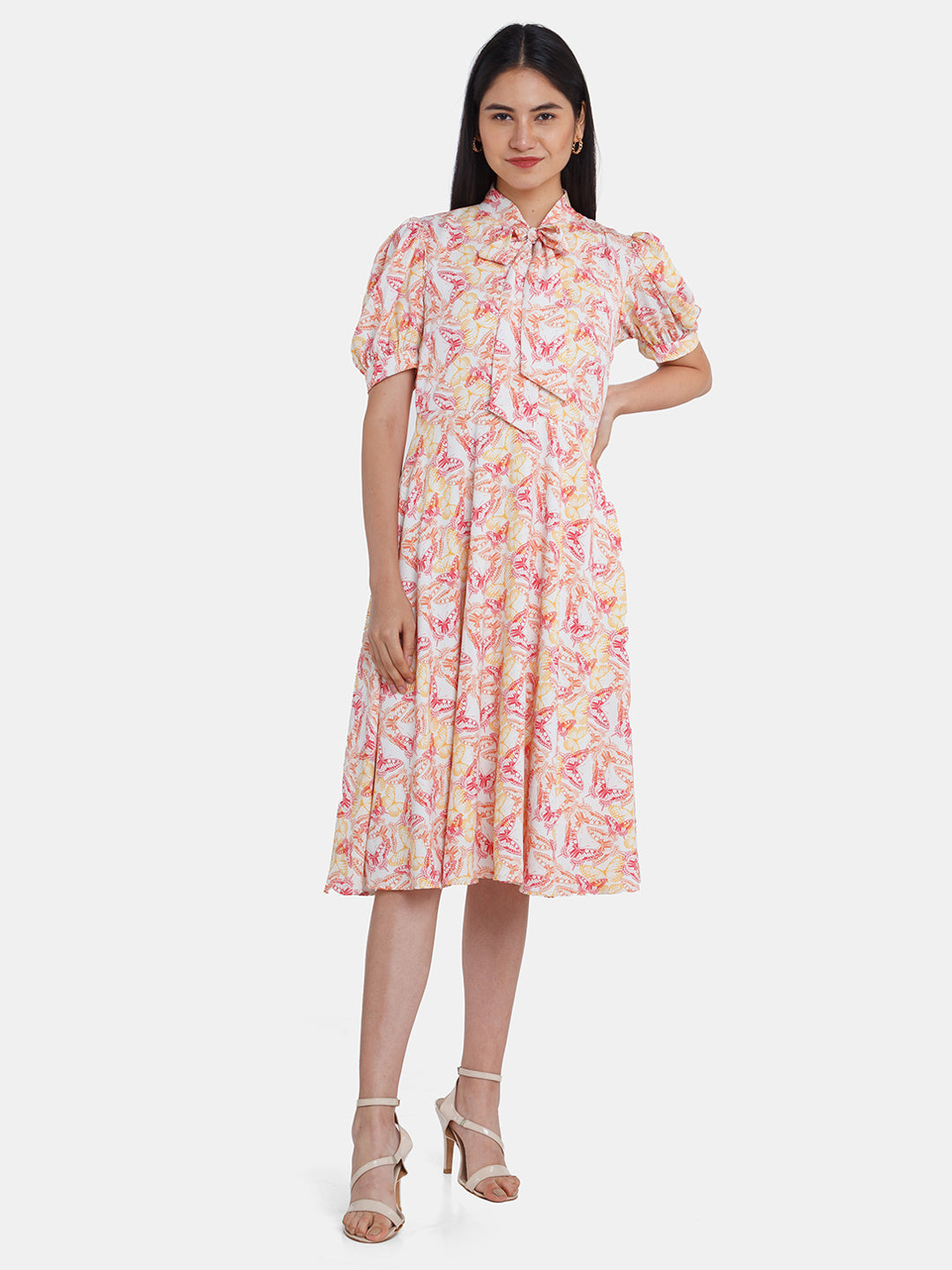 Off White Printed Tie-Up Midi Dress