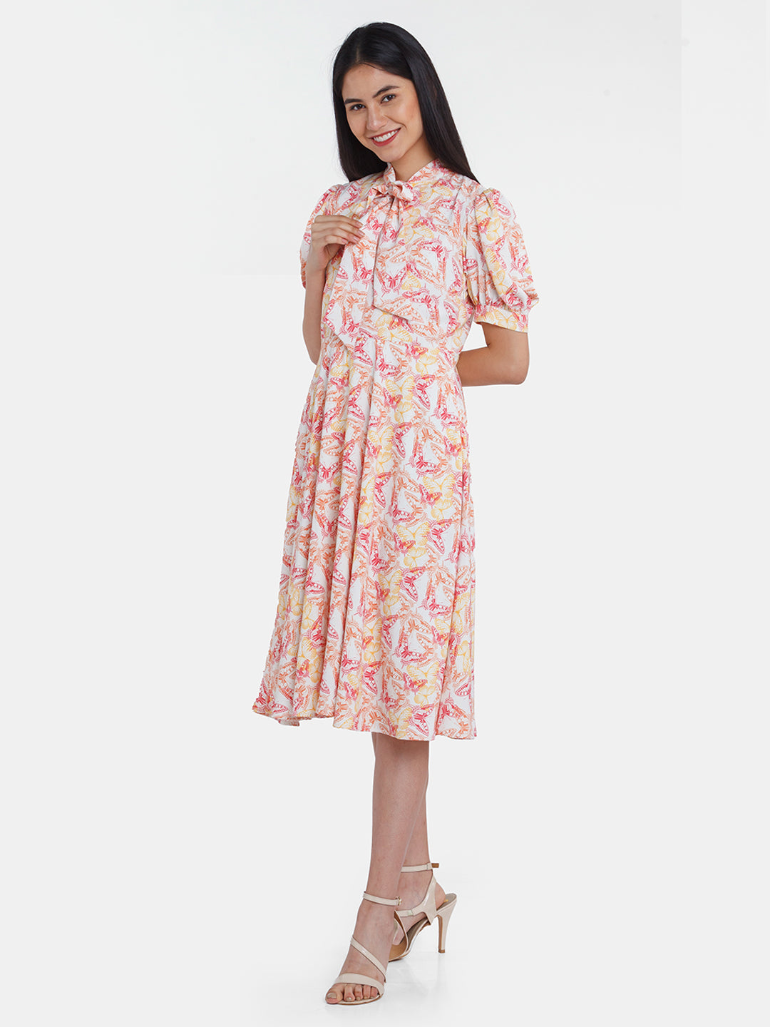 Off White Printed Tie-Up Midi Dress