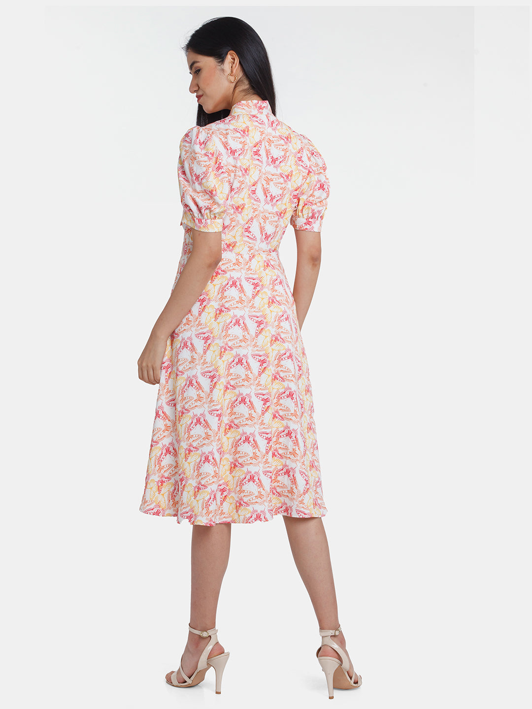 Off White Printed Tie-Up Midi Dress