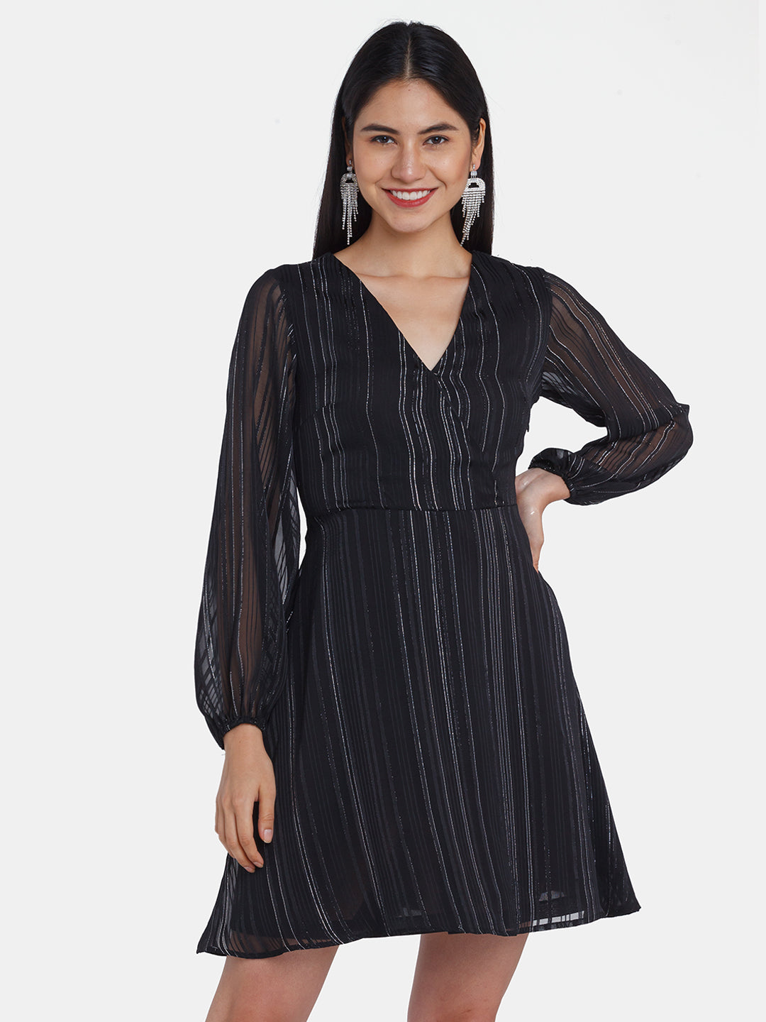 Black Striped Short Dress For Women