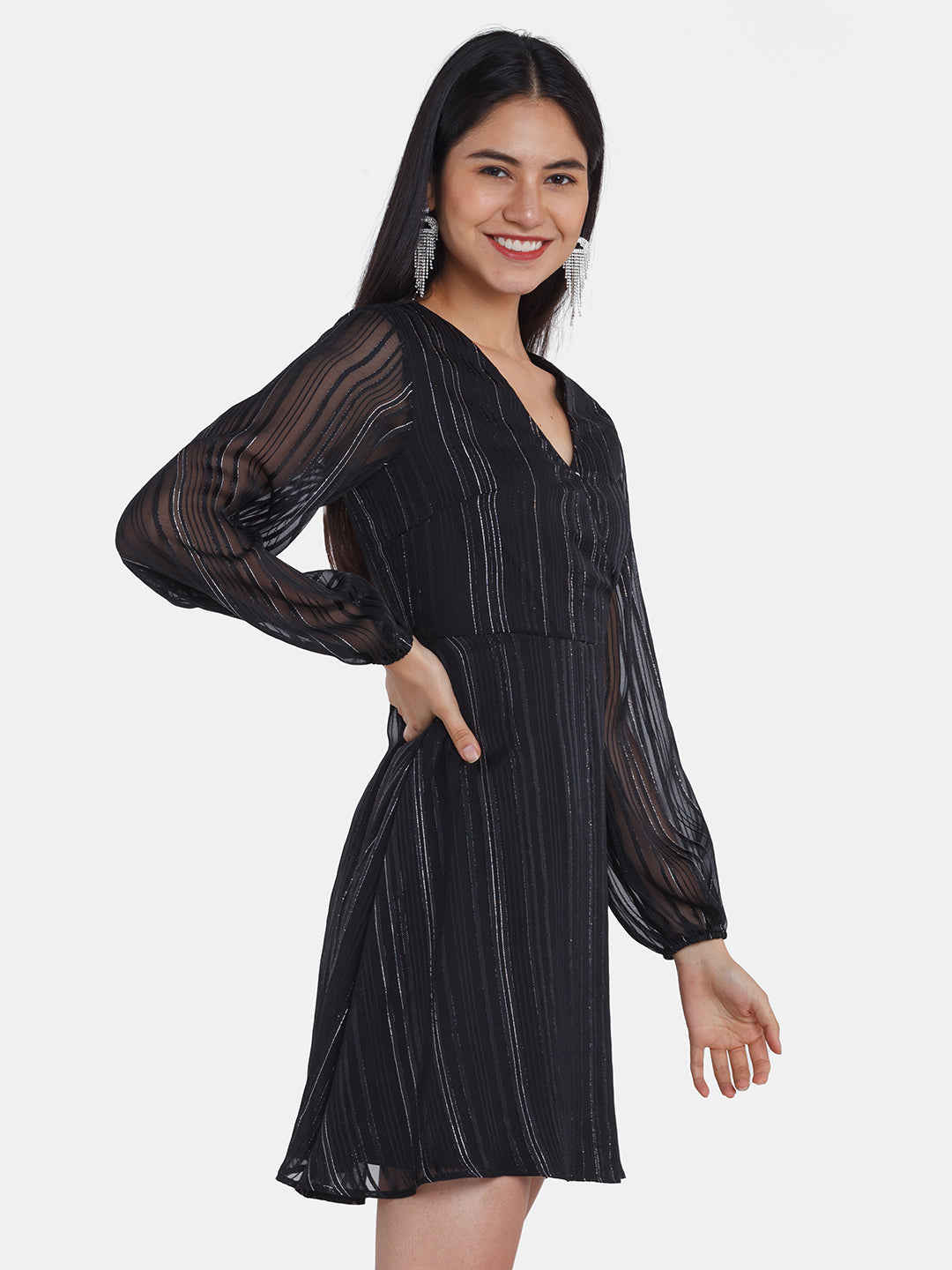 Black Striped Short Dress For Women