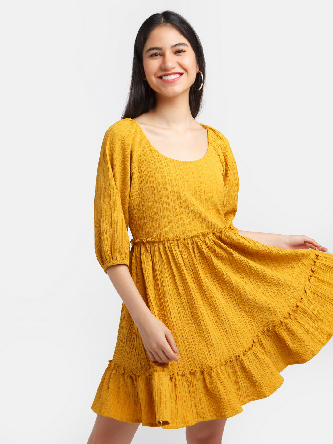 Mustard Solid Ruffled Short Dress