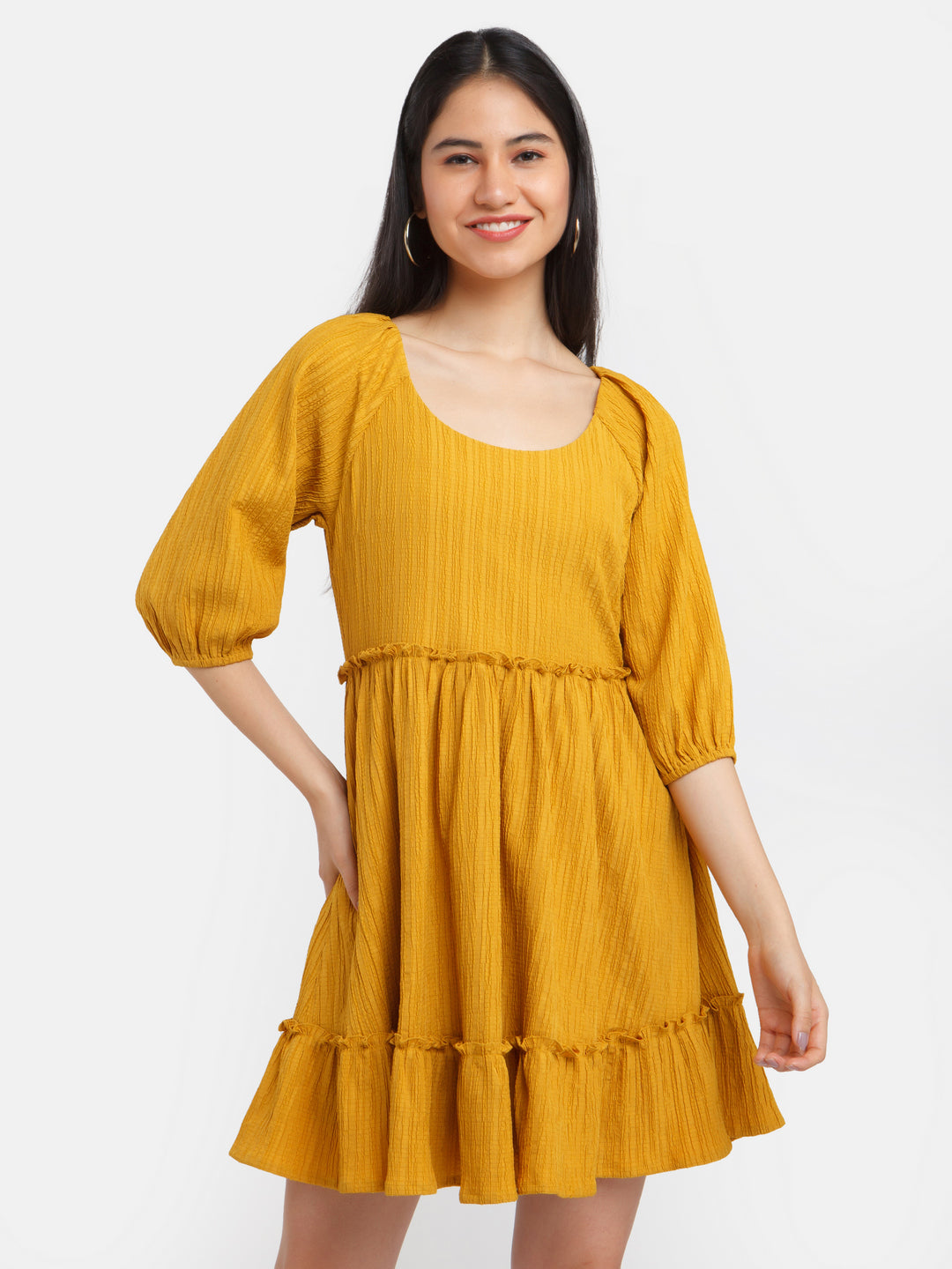 Mustard Solid Ruffled Short Dress