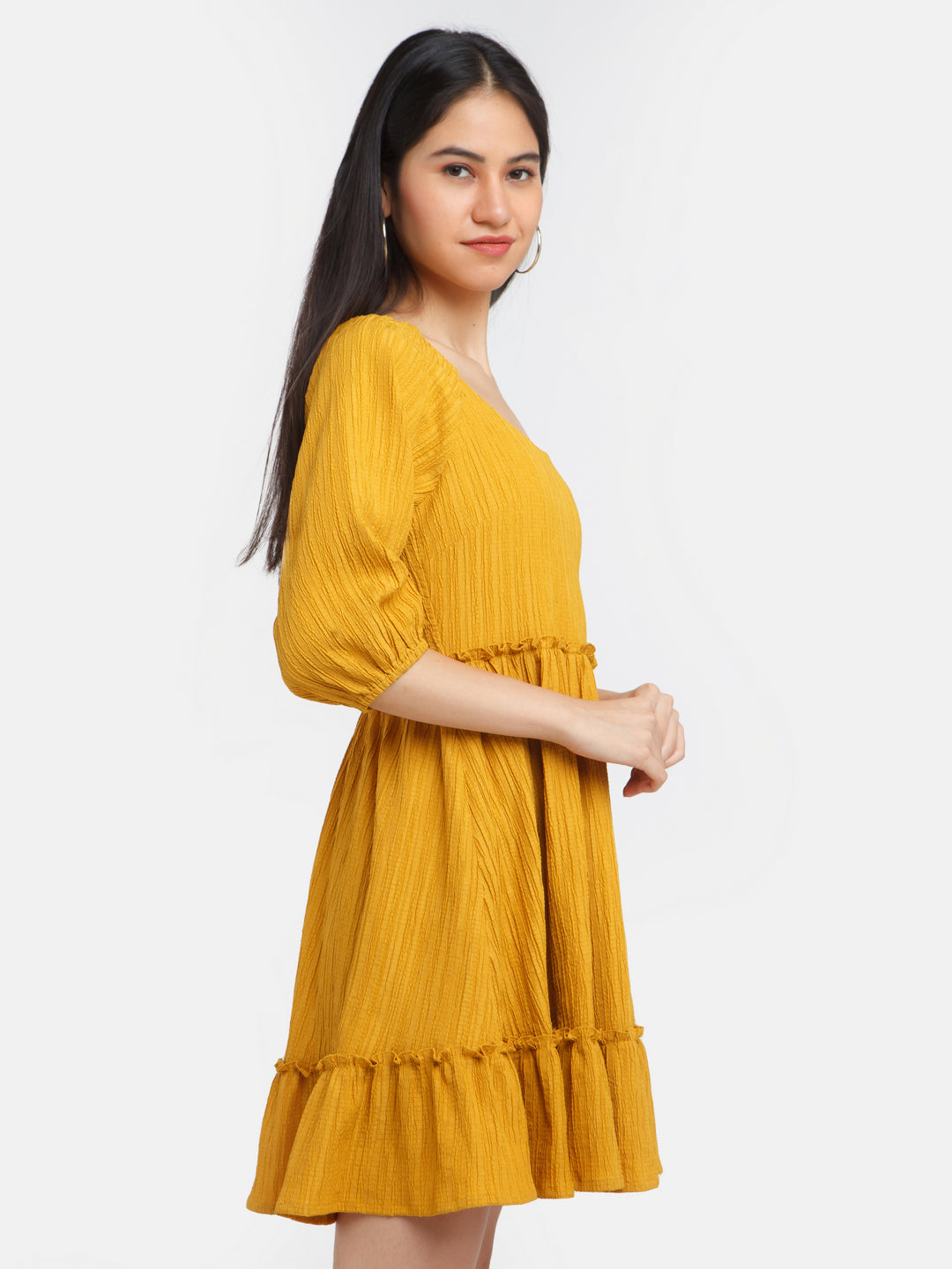 Mustard Solid Ruffled Short Dress