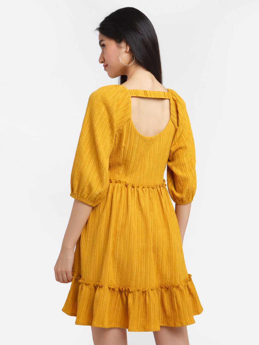 Mustard Solid Ruffled Short Dress