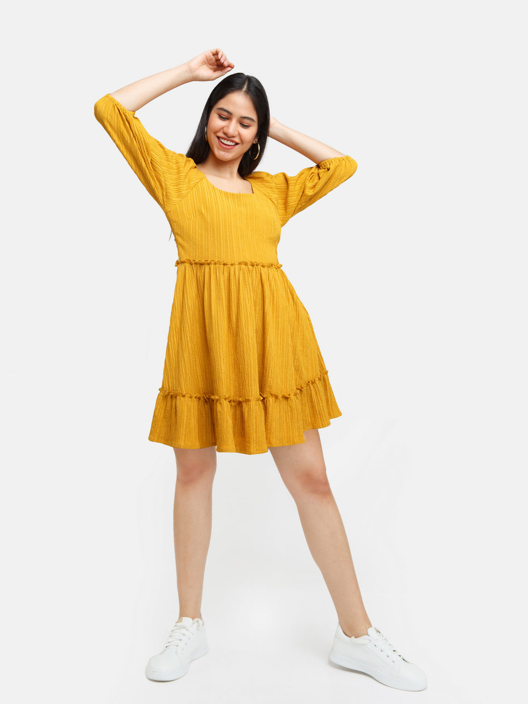 Mustard Solid Ruffled Short Dress