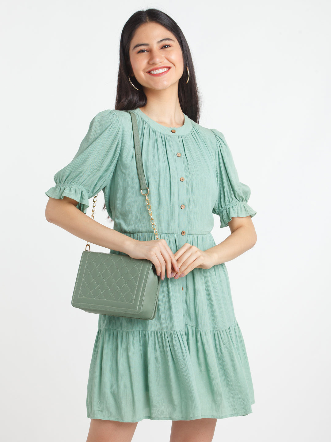 Green Solid A-Line Short Dress For Women