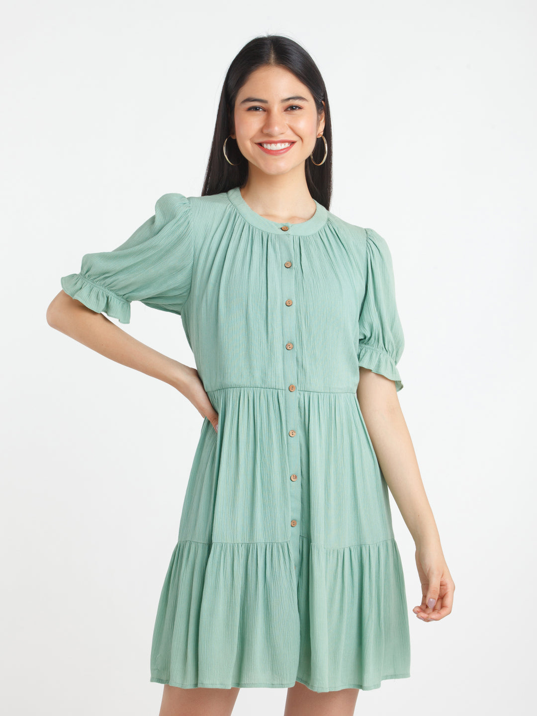 Green Solid A-Line Short Dress