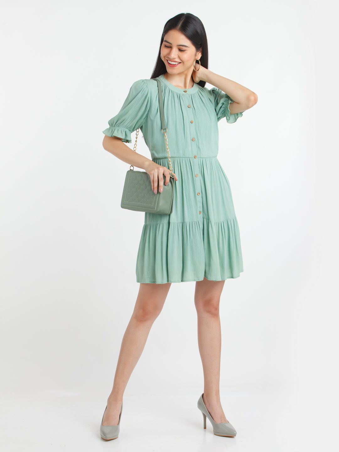 Green Solid A-Line Short Dress