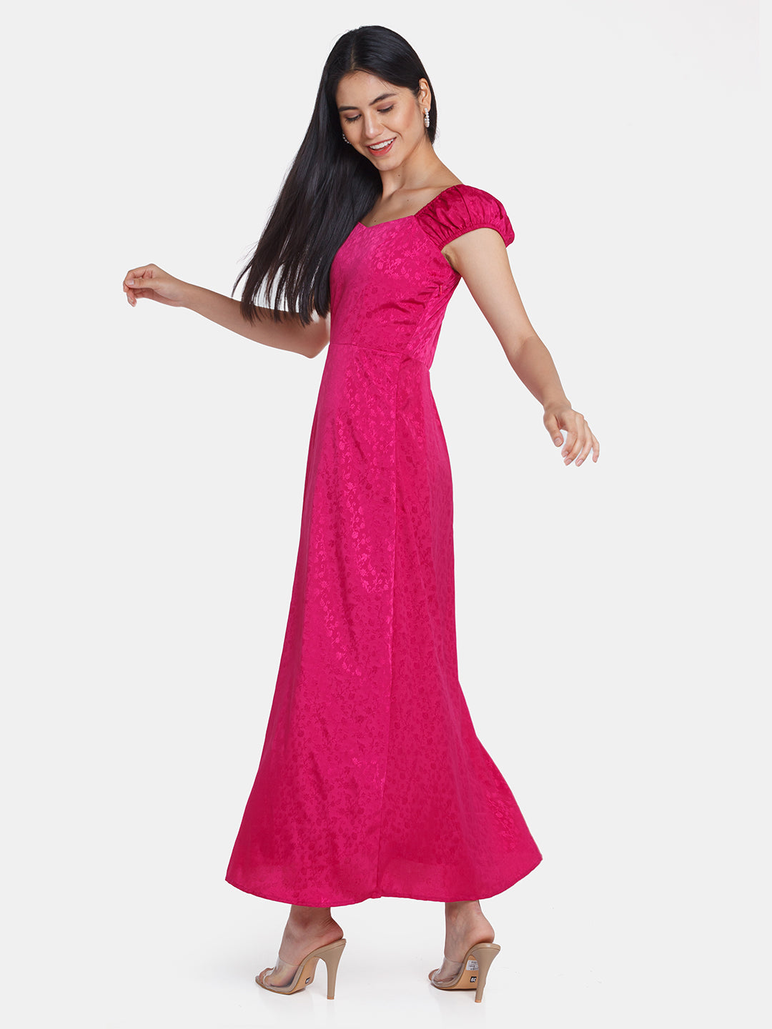 Wine Self Design Puff Sleeve Maxi Dress