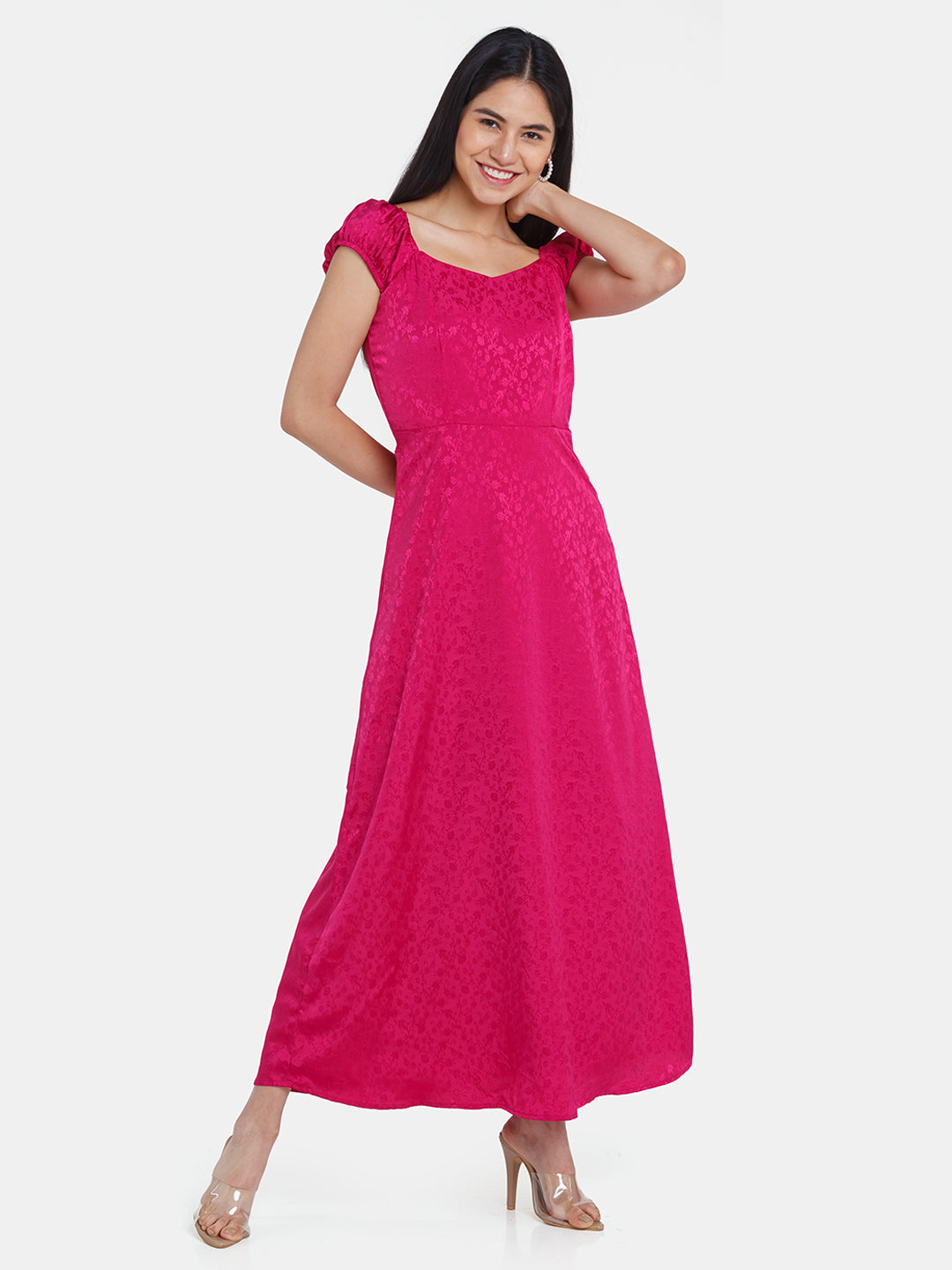 Wine Self Design Puff Sleeve Maxi Dress